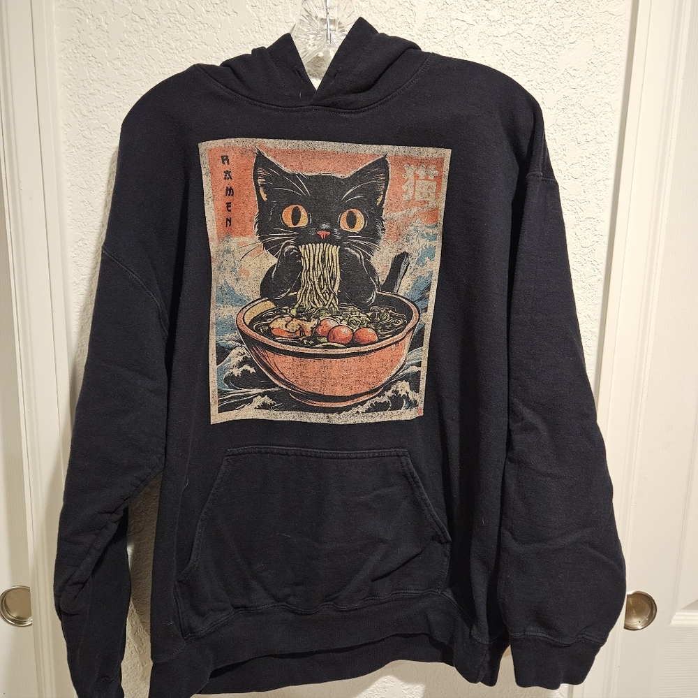 Gildan Black Cat Noodle Hoodie Size Large